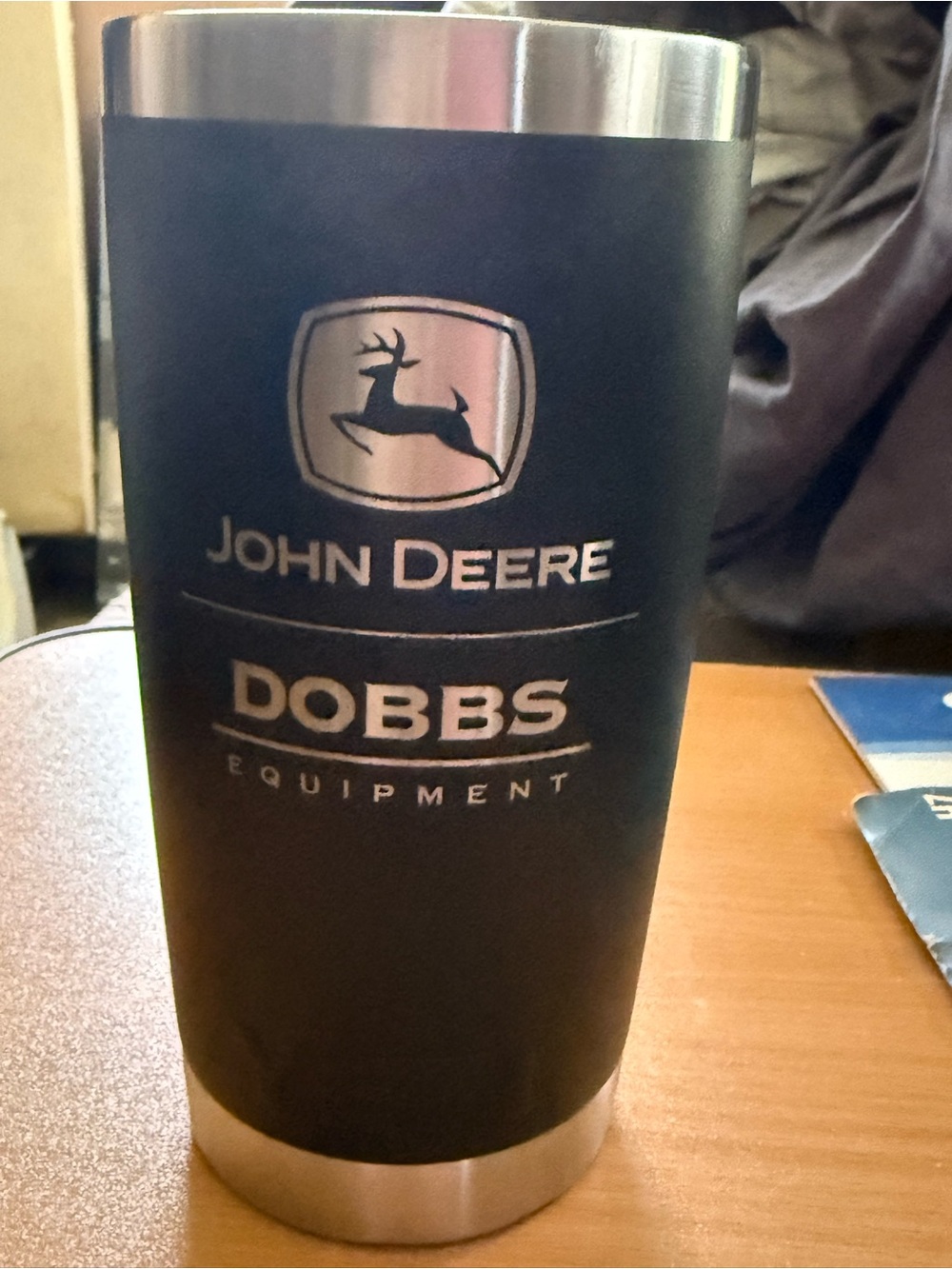 John Deere Black and Silver Dobbs Equipment Travel Tumbler